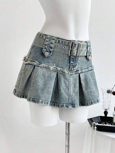 Elamini Y2K Fashion Waist Belt Vintage Frayed Hem Washed Denim Women's Mini Skirt