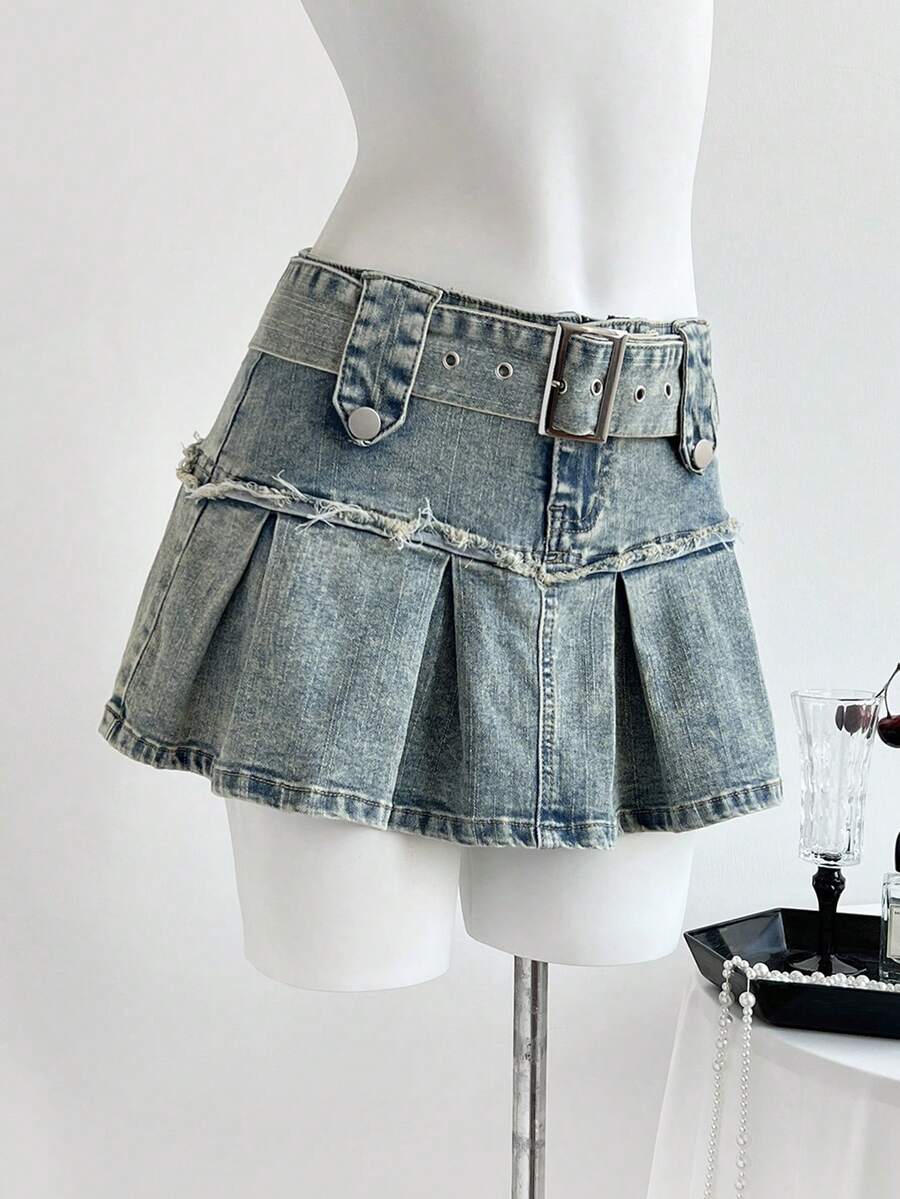 SHEIN EZwear Y2K Thời Trang Thắt Lưng Quần Jeans Giặt Viền Xỉn Cổ Điển Cho Nữ Chân Váy Mini - Rửa trung bình - Xem 1