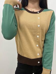 SHEIN Unity 女士休闲撞色圆领长袖针织套头衫，秋冬款 - 彩色 - 查看 4