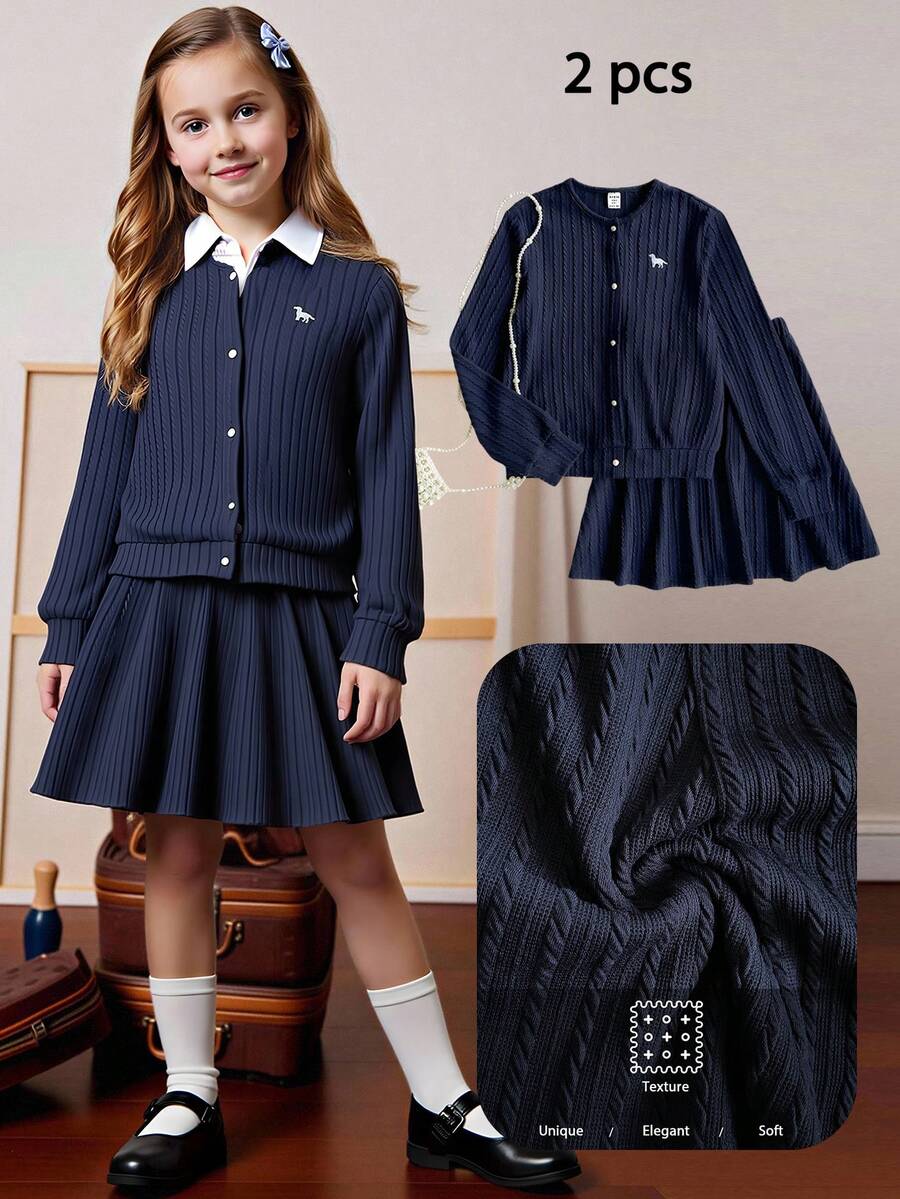 PrepCrw 2 件套青少年女孩优雅都市狗图案圆领海军蓝罗纹长袖开衫和裙子套装，适合休闲外出、聚会、节日、派对、秋冬季 - 藏蓝色 - 查看 1