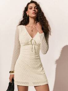 Poéselle 女士V领前系带长袖时尚迷你连衣裙 - 白色 - 查看 2