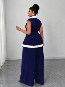 Maweii Plus Size Black & White Sleeveless Patchwork Commuting Chic 2 Pieces Set - Blue - View 5