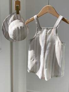 SHEIN Bộ 2 món quần yếm sọc kaki đa năng mùa hè cho bé trai sơ sinh kèm mũ cùng màu. - Nhiều màu - Xem 7