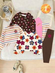 6pcs Cozy Fall & Winter Styles Infant/Toddler Girls Casual Fashion Creative Personality Refreshing Cute Floral Bow Wave Striped Flower Denim-Look Graphic Print Relaxed Crew Neck Sweatshirt And Leggings Outfit Set, Comfortable Daily Wear