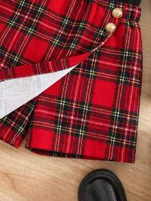 SHEIN 女婴针织黑色长袖上衣和格子松紧腰短裤两件套，秋冬季 - 彩色 - 查看 3