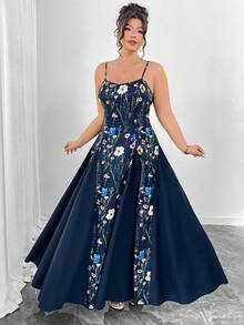 Elenzga Đầm slip dáng chữ A thắt eo, vạt bất đối xứng, cổ tròn, họa tiết hoa màu nước, cỡ lớn, thích hợp cho ngày Valentine, thanh lịch cho các buổi đi chơi, hẹn hò, tiệc tùng, trà chiều và kỳ nghỉ. - Màu xanh hải quân - Xem 5