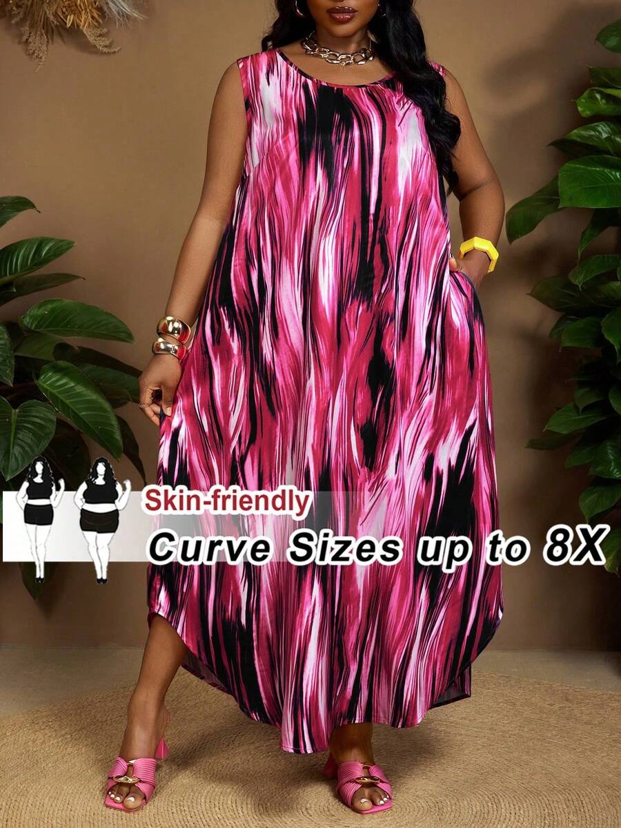 SHEIN CURVE+ 大码无袖圆领彩色抽象印花长裙，曲线加大码，Hoho Vacation，女士夏季服装，女士沙滩装/沙滩裙/沙滩度假装/沙滩必备/毕业典礼/下午茶派对连衣裙 - 彩色 - 查看 1