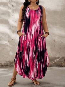 SHEIN CURVE+ 大码无袖圆领彩色抽象印花长裙，曲线加大码，Hoho Vacation，女士夏季服装，女士沙滩装/沙滩裙/沙滩度假装/沙滩必备/毕业典礼/下午茶派对连衣裙 - 彩色 - 查看 8