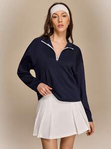 Hanevo Women's Casual Sports Back To School Outfit - Stand Collar Zip-Up Long Sleeve Top & White Pleated Mini Skirt Set - Blue - View 3