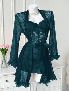 Seduluxe 2pcs Set: 3D Floral Lace Robe + Fishbone Waist Design Lace Camisole Nightgown - Teal Blue - View 4