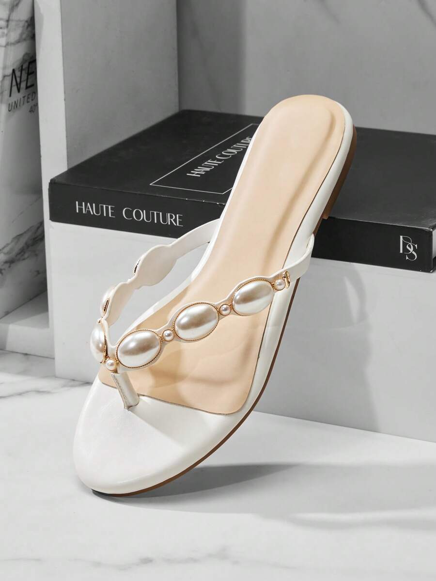 SHUZIA Dép xỏ ngón nữ mũi tròn đính kim loại - trắng - Xem 1