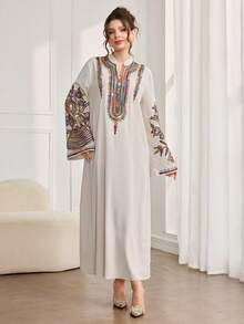 Al Najma 女士优雅时尚日常通勤连衣裙，宽松版型，花卉蕾丝饰边领口和袖口，浅色 - 杏色 - 查看 3