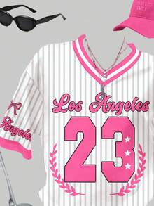 Y2K Streetwear Ballerina Schleife gestreiftes Motiv 23 Grafik locker geschnittenes V-Ausschnitt Kurzarm T-Shirt, Lässig für Teenager Mädchen, Sommer - Verschiedenfarbig - Übersicht 3