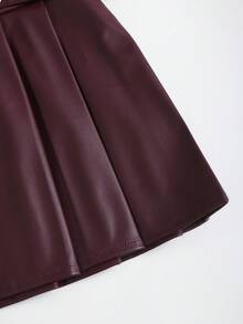 Sweetra 女士优雅复古性感风PU皮双腰褶皱A字超短裙，秋季款 - 酒紅色 - 查看 7