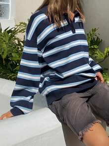 Livesso Áo len cổ lọ kẻ sọc cổ điển mùa thu dành cho nữ - Màu xanh nhạt - Xem 3