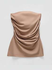 Comfortcana Women's Solid Color Pleated Strapless Top,Ladies Casual Ruched Strapless Slim Fit Khaki Plain Women Tops,Spring/Summer,Casual Daily Wear - Khaki - View 11