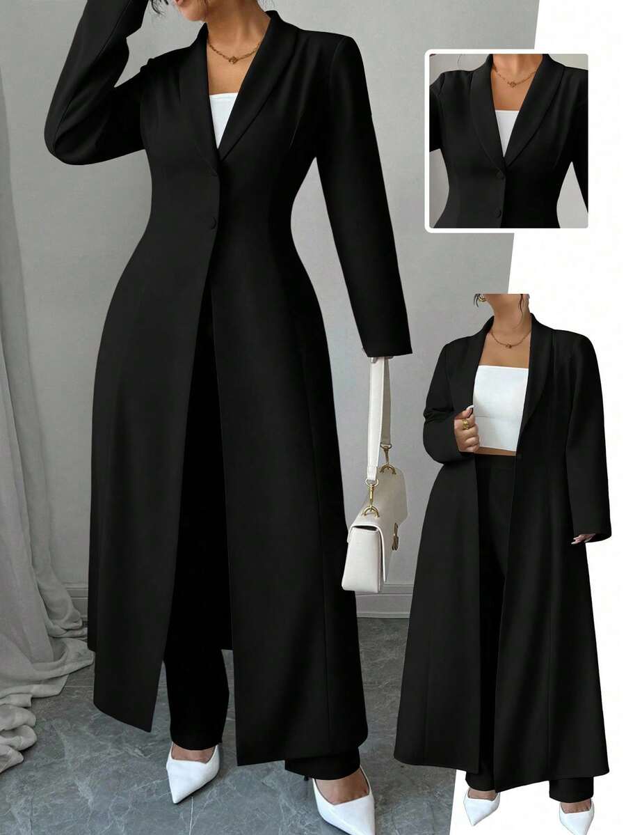 SHEIN Tall CURVE Elenzga 2pcs/Set Plus Size Women Solid Color Button Collar Long Jacket And Pants Suit - Black - View 1