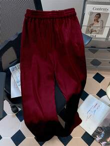 Resyla Women's Solid Color Elastic Waist Pockets Wide Leg Loose Casual Corduroy Pants - Flame scarlet - View 2