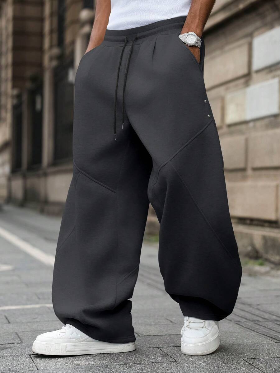 Manfinity EMRG Men's Solid Color Drawstring Waist Pockets Wide Leg Loose Casual Sweatpants - Dark Grey - View 1