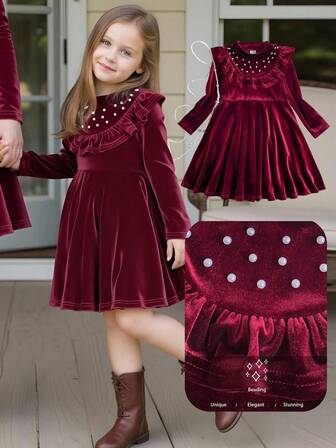 PrepCrw 1pc Young Girls' Elegant Urban Collegiate Pearl & Ruffle Trim Stand Collar Long Sleeve Velvet Dress, Suitable For Outings, Gatherings, Holidays, Parties, Autumn, Winter, Spring, Valentine's Day Velvet Dress For Girls Girls Spring And Autumn Dress 5 T Dresses Girls Burgandy Girl Clothes Autumn And Winter Clothes Burgundy Kids Dress