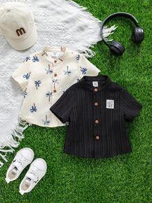 SHEIN 2件套男女宝宝可爱热带棕榈树印花短袖衬衫套装，夏威夷衬衫，春夏男宝宝服装，套装 - 彩色 - 查看 3