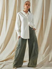 Vixey Áo sơ mi tay dài cổ bẻ cài nút Boyfriend cỡ lớn có đường cắt ở lưng - trắng - Xem 3