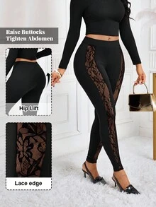 SHEIN Lady Women's Elastic Waist Contrast Lace Leggings - Black - View 1