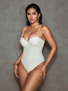 Shapewave 女士收腹贝壳杯钢圈褶皱连体泳衣，精致度假装 - 米色 - 查看 3
