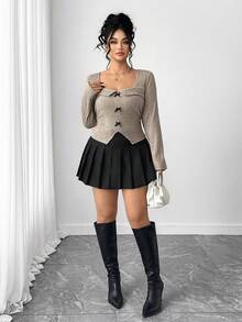 Elenzga 秋季加大码休闲修身T恤，饰有蝴蝶结 - 杏色 - 查看 5