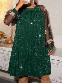 Cravure Plus Size Women Floral Sequin Mesh Long Sleeve Pleated Loose Dress - Dark Green - View 6