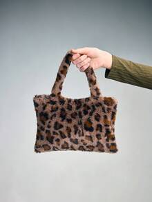 ROMWE Goth 1pc Y2K Stylish & High-Quality Large Capacity Faux Rabbit Fur Leopard/Tiger Print Tote Bag With Magnetic Closure, Suitable For Women/Girls Commute, Daily Use, Gifts - Coffee-4 - View 2