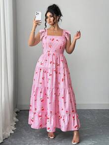 Elenzga Váy maxi tay phồng cổ vuông họa tiết caro màu hồng anh đào ngọt ngào cỡ lớn dành cho nữ thời trang xuân/hè, dáng chữ A thắt eo thanh lịch, thích hợp mặc khi đi chơi mùa xuân, mua sắm, tiệc tùng, đi làm, mặc hàng ngày - Nhiều màu - Xem 4