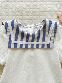 SHEIN Newborn Baby Boy Casual Cute Color Block Sailor Collar Short Sleeve Bodysuit - Multicolor - View 6