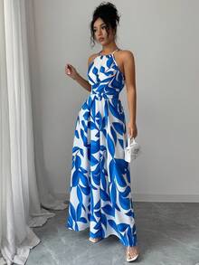 Elenzga 女士蓝色叶子印花面料抽绳领口系带设计腰部交叉后背系带A字飘逸连衣裙，优雅时尚，适合情人节派对、旅行、度假、街头、海滩、春夏穿着。 - 藍白色 - 查看 7