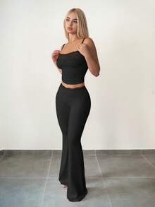 Sweetina 两件套：蕾丝吊带背心和喇叭裤，青少年休闲套装 - 黑色 - 查看 5