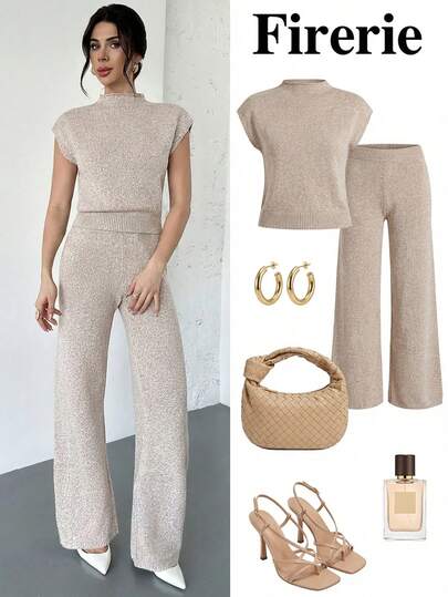 Firerie 女士优雅高领宽松休闲百搭无袖针织衫背心搭配松紧腰阔腿裤套装，户外女装，优雅休闲通勤装，卡其色套装，半高领毛衣裤套装，短袖毛衣套装，春秋冬装，优雅，通勤，休闲，日常，简约，工作装