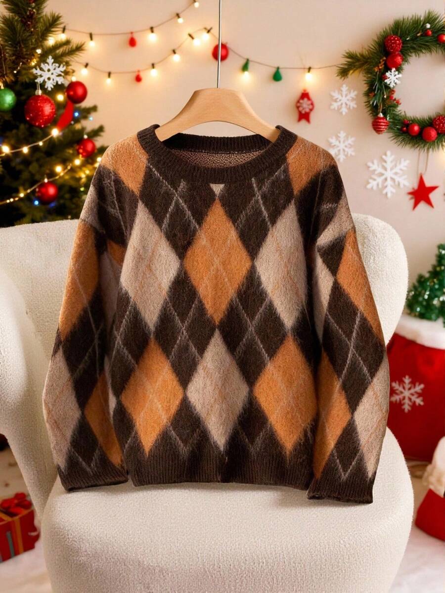 SHEIN Tall CURVE Autumn/Winter New Casual Retro Chic Diamond Pattern Textured Oversized Crew Neck Drop Shoulder Long Sleeve Women Pullover Sweater - Multicolor - View 1