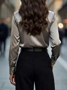 EMERY ROSE Women's V-Neck Pleated Solid Color Long Casual Elegant Blouse, Suitable For Work, Date, Home, Party, Daily Wear, Autumn - Grey - View 2