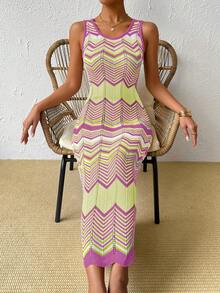 EMERY ROSE Women's Casual Vacation Style Colorblock Zigzag Pattern Fitted Sleeveless Sweater Dress - Multicolor - View 5