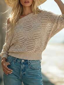 EMERY ROSE 女士镂空罗纹圆领插肩袖套头毛衣，时尚休闲，适合春、夏、秋、冬四季穿着。 - 杏色 - 查看 1