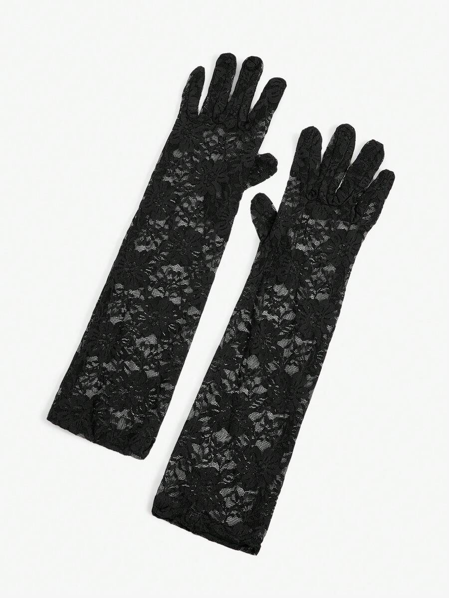 SHEIN BAE 1pair 40cm Chrysanthemum Floral Lace Gloves Halloween Accessories Winter Gloveswedding Valentine's Day