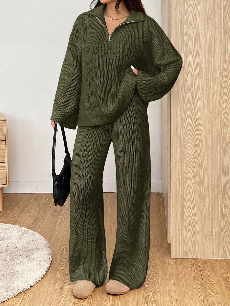 SHEIN EZwear Bộ đồ thường ngày cho nữ, áo len dài tay trễ vai màu trơn có khóa kéo nửa và quần dệt kim, thu/đông - Màu xanh Ô liu - Xem 1
