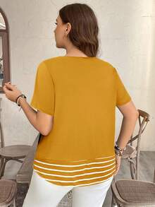 SHEIN LUNE Kaos Kasual Ukuran Besar Motif Garis-Garis Patchwork Kontras Warna dengan Dekorasi Saku, Gaya Western, Atasan Warna Mustard, Kaos Kuning - Kuning - View 2