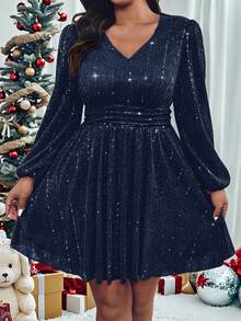 Roveilla 大码 V 领亮片长袖连衣裙 - 藏蓝色 - 查看 5