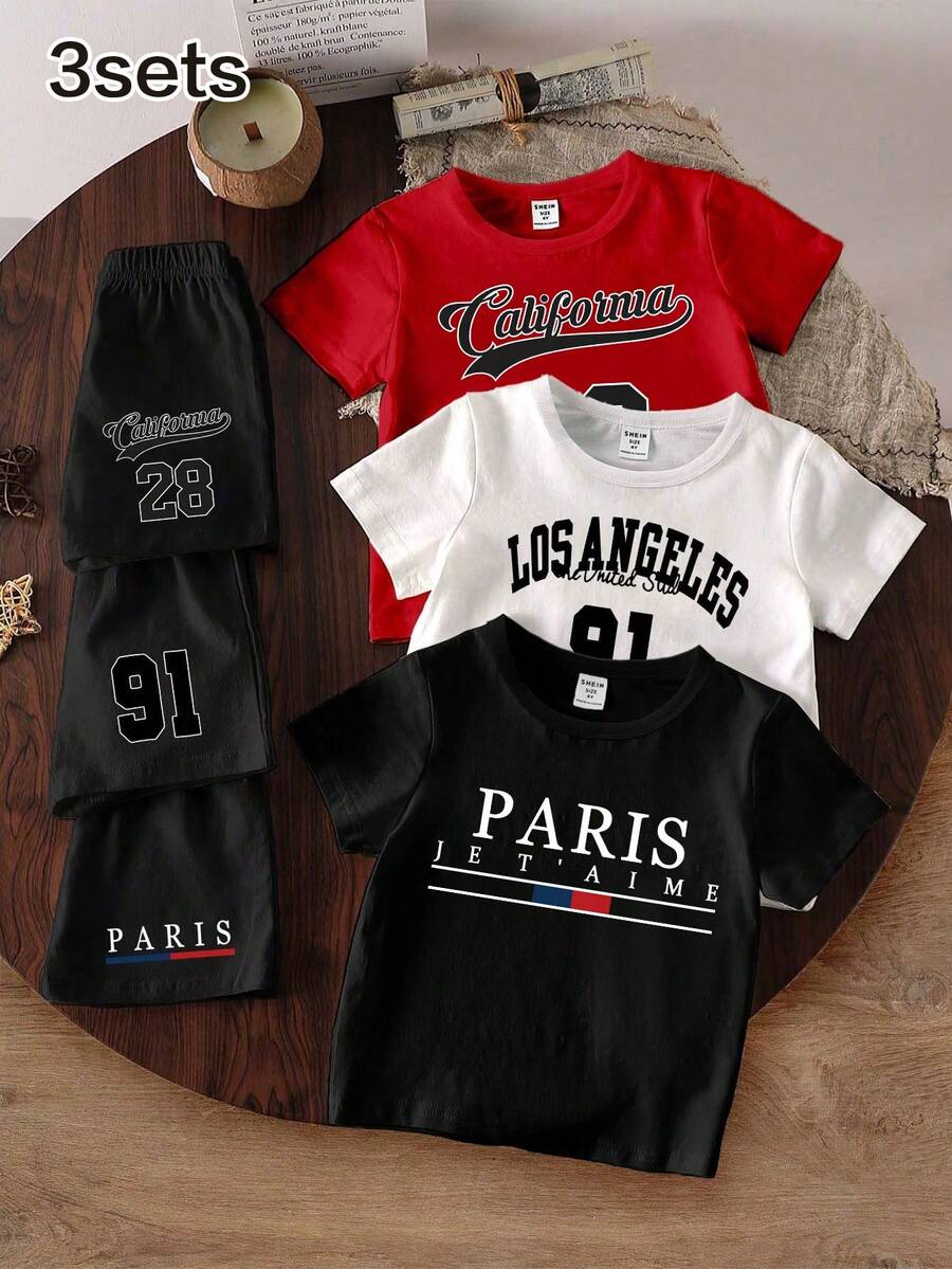 6pcs/Set Baby Boy Casual Stylish Creative Graphic Tee & Shorts Outfit, Comfortable Daily Summer Wear 3t Boys Shirts Baby Boy Regular Sleeve Baby Boy Clothes T Shirt 24 Month Tshirts 3t Boy Clothes - Multicolor - View 1