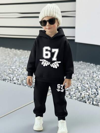 SHEIN 2 st/set Pojkar Casual, Modern Klassisk, Cool Stil, Nummer 67, Retro Amerikansk, Sportig, Nummer "67" Tryck, 6&7, Lös Passform Sportig Casual Tjock Hoodie Sweatshirt Set, Lämplig För Höst/Vinter