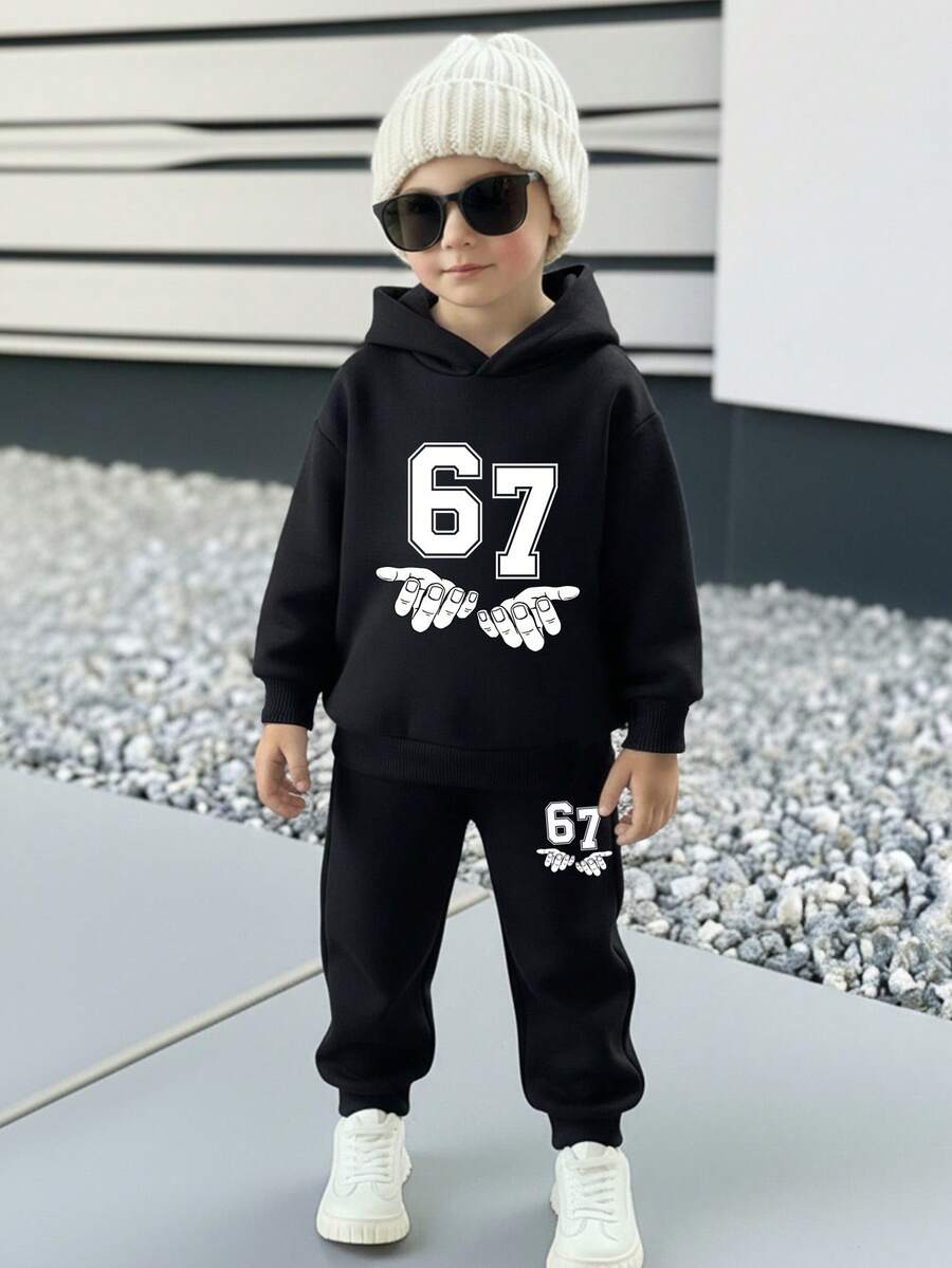 SHEIN 2pcs/Set Boys Casual, Fashionable Classic, Cool Style, Number 67, Retro American, Sporty, Number "67" Print, 6&7, Loose Fit Sporty Casual Thick Hoodie Sweatshirt Set, Suitable For Autumn/Winter - Black - View 1