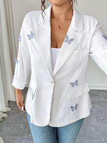 Elenzga Áo khoác blazer mỏng tay 3/4 họa tiết bướm 3D giản dị dành cho người đi làm cỡ lớn - trắng - Xem 5