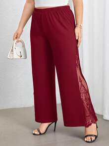 SHEIN PETITE CURVE Celana Panjang Hitam Elegan Ukuran Besar dengan Potongan Lebar Pinggang Tinggi, Belahan Samping, dan Panel Renda Transparan, Sempurna untuk Pemakaian Sehari-hari dan Perjalanan Kerja, Celana Panjang Ukuran Besar Musim Semi/Panas Warna Burgundy - Burgundy - View 5