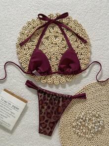 Swim SXY 2pcs/Set Animal Print Textured Fabric Halter Triangle Bikini Top And Bottoms Sexy Women Swimwear Set, Spring/Summer Sexy Swimwear Sexy Sets For Women Snake Print Bikini Bikini Set - Multicolor - View 5